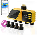 4 Zone Solar WiFi Sprinkler Timer, Smart Water Timer for Garden Hose 4 Outlets with Rain Delay/Automatic/Manual Watering System for Lawn Yard, APP Remote Voice Control Via 2.4Ghz WiFi No Need Hub