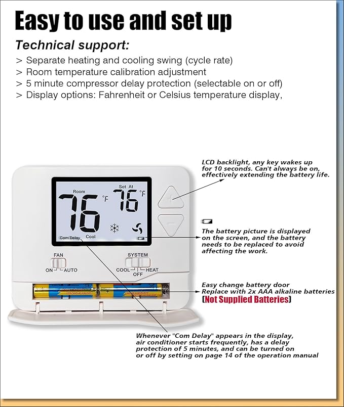 Heagstat Non Programmable Thermostat, Single-Stage 1 Heat 1 Cool, Simple Digital Thermostats for Home