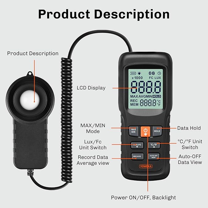 Light Meter Digital Illuminance, Split Sensor Lux/Foot Candles Meter 0–200,000 Lux, Data Record, Max/Min Mode, for Plants, Photography & Workspaces