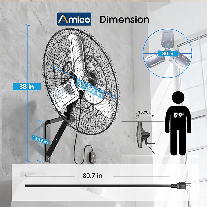 Amico 30 Inch Heavy Duty Wall Mounted Fan with Remote Control, DC Motor, 8 Speeds, High Velocity, Indoor/Outdoor Oscillating Industrial Shop Fan with Timer for Gym, Patio,Garage, Warehouse