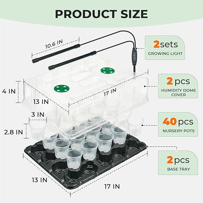 homenote 3 Inch Seed Starter Trays 2 Pack,20-Cell Seedling Starter Trays with Grow Light/Humidity Dome/3" Nursery Pots 40 Pcs,Planting Trays for Seedling,Plastic Germination Kit for Growing