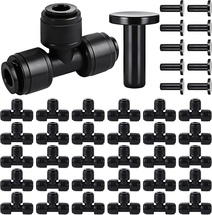 30 Pcs Quick Connect 1/4" Drip Irrigation Tee Fittings, Push-to-Connect Drip Irrigation Tee Connectors for 1/4 Inch Irrigation Tubing with 10Pcs End Plugs,Hose Connectors for Garden Irrigation System