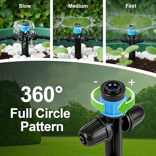 RedChili 20 Pieces Drip Emitters for 1/4" Drip Irrigation Tubing, Adjustable 360 Degree Vortex Drip Emitters with Stake 360° Full Circle Umbrella Shape Pattern Garden Two Way Irrigation Micro Drippers