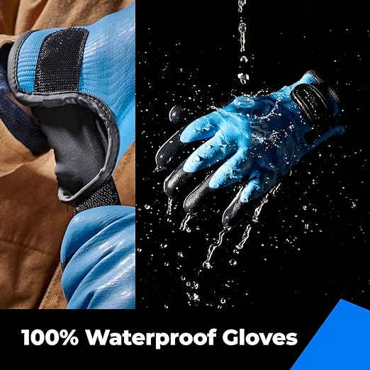 toolant 100% Waterproof Gloves for Men and Women, Winter Work Gloves for Cold Weather, Touchsreen, Thermal Gloves for Fishing, Gardening and Working in Freezer, With Grip, Blue, XX-Large