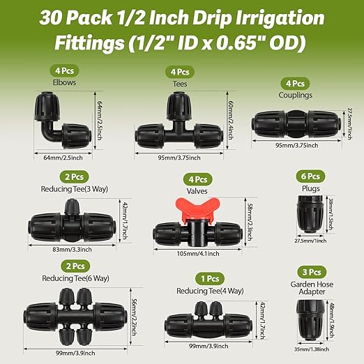 30 Pack 1/2 Inch Drip Irrigation Fittings Kit (1/2" ID x 0.6-0.65" OD), 1/2" Dripline Lock Nut Barbed Connectors - 4 Tees, 4 Couplings, 4 Elbows, 4 Valves, 6 Plugs, 3 Adapters, 5 Reducers