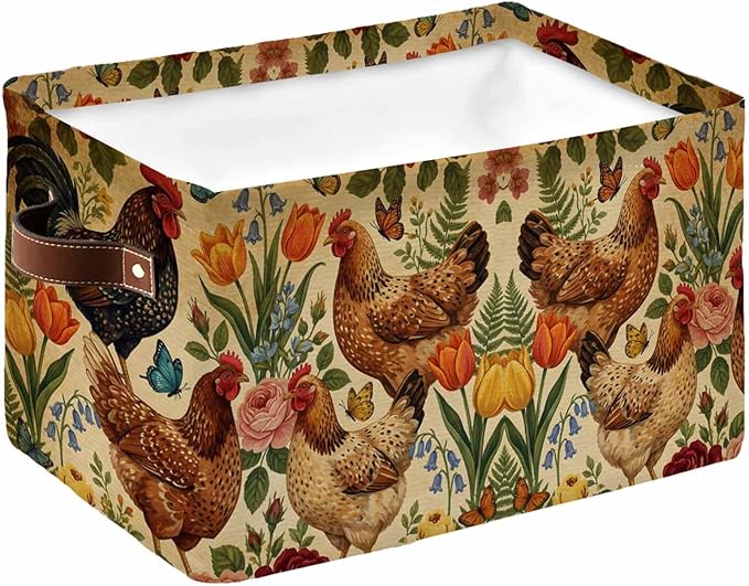 Tan Rooster Floral Storage Bins Cubes Waterproof Cloth Storage Basket, Farmhouse Spring Flowers Butterflies Foldable Storage Bags for Shelf Closet Clothes Organizers with Handles 15x11x9.5 in 1PCS
