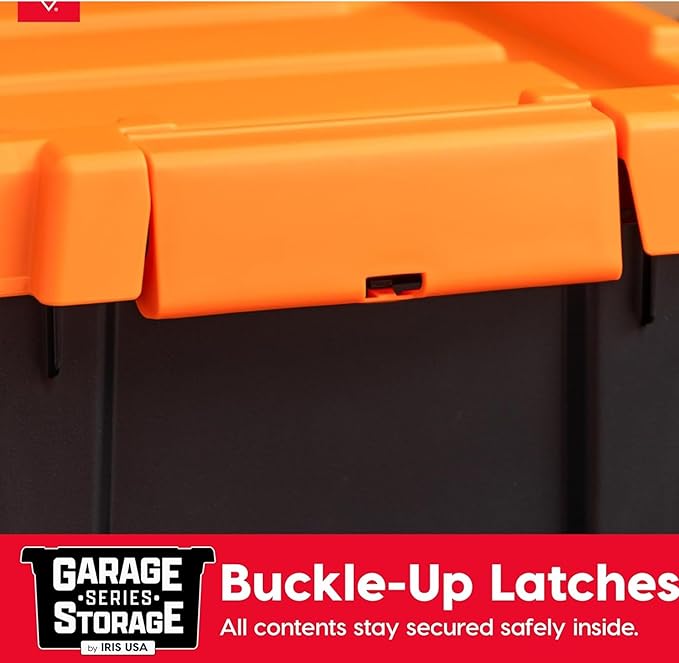 IRIS USA 20 Gallon Lockable Storage Bins with Lids, 4 Pack - Made in USA, Heavy Duty, Stackable Containers, Garage Organizing Bins Moving Tubs, Rugged Sturdy Equipment Utility Box - Black/Orange