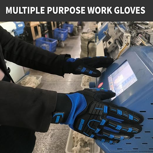 Durable Impact Heavy Duty Grip Anti-Vibration Shock Absorbing Comfort Fit Work Gloves,Touchscreen Capable,Washable,Large,Blue+Black