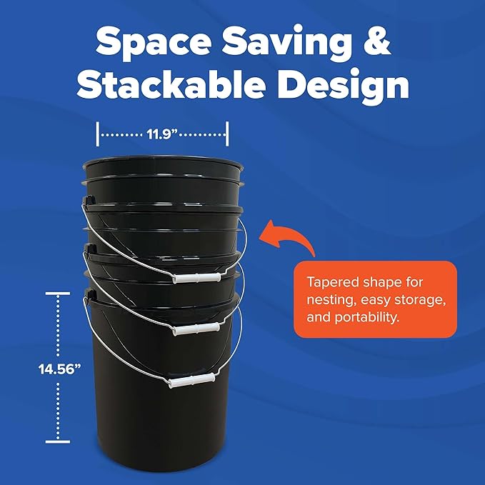ePackageSupply 5 Gallon Bucket - Food Grade Bucket, Metal Handle Grip, BPA-Free, Heavy-Duty 90 Mil HDPE Plastic Pail, Stackable Utility Container, Made in USA, Lid Not Included, Black, 12 Packs