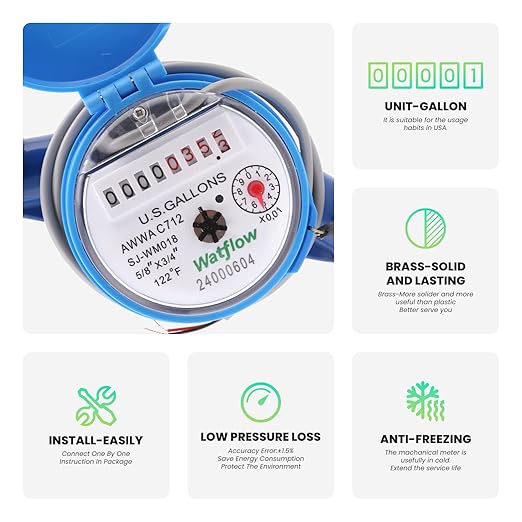 Watflow DN20 Water Meter 3/4" NPT,AWWA C712 Certification Gallon Water Flow Meter with Pulse Output, Cold Water Meter for Garden/Home/Apartment, Horizontal Install.