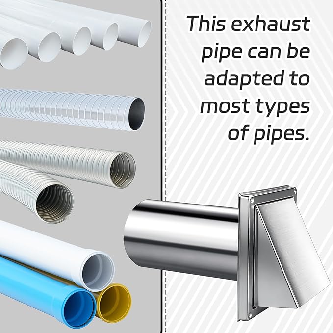 4 Inch Metal Dryer Vent Cover Stainless Steel Guard Wall Dryer Exhaust Cap with Removable Extension Pipe 8 Inch and 4 Screw for House Outdoor Extended Air Pipe