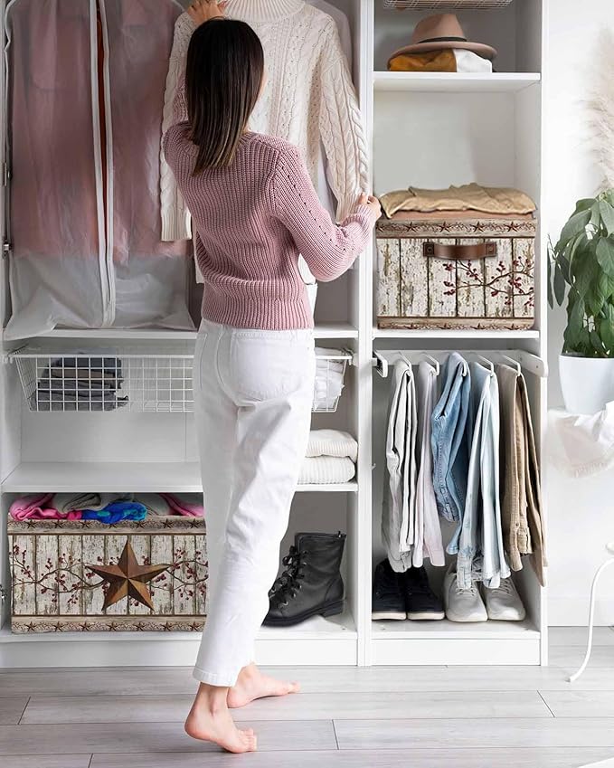 Texas Star Grey Wooden Storage Bins Cubes Waterproof Cloth Storage Basket, Farmhouse Berry Countryside Foldable Storage Bags for Shelf Closet Clothes Storages Organizers with Handles 15x11x9.5 in 2PCS