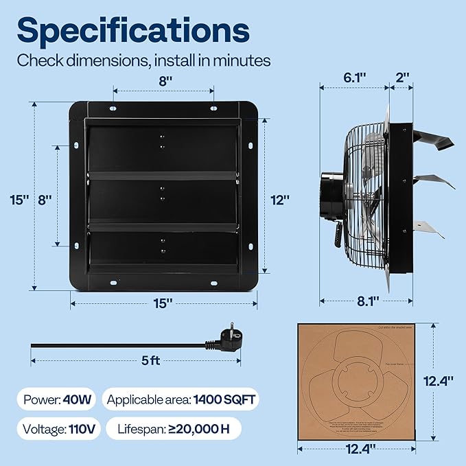 VIVOHOME 12" Shutter Exhaust Fan with EC Motor – 1300 CFM with Thermostat, Variable Speed, Timer, Wall-Mounted for Attic, Garage, Greenhouse, Chicken Coop, Barn Ventilation