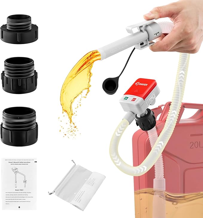 Saker Fuel Transfer Pump Battery Powered, Automatic Portable Fuel Pump with Auto-Stop, 51'' Extra Long Hose, 3.2 Gallon per Min, 3 Can Adapters, for Gasoline, Diesel and Oil