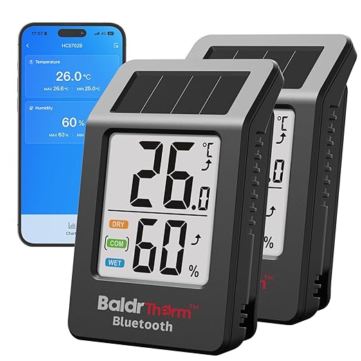 BaldrTherm Bluetooth Thermometer Wireless, Smart Thermometer with App Control, 200ft Coverage, Offline Storage, Trend Charts, Real-Time Alerts for Home, Pet Cage, Indoor/Outdoor Use, Black, 2pack