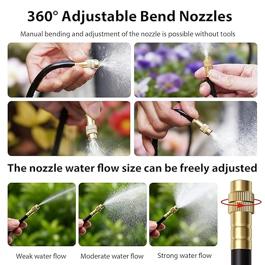50FT 5/16 inch 360° Adjustable Drip Irrigation Kits Automatic Garden Watering Misting Atomizing System with 16pcs Bendable Nozzles for Yard, Lawn, Plant, Greenhouse, Garden(5/16 inch Hose)