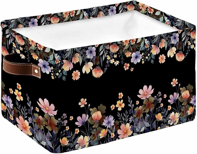 Black Spring Floral Storage Bins Cubes Waterproof Cloth Storage Basket,Elegant Flowers Farmhouse Botanical Foldable Storage Bags for Shelf Clothes Storages Organizers with Handles 15x11x9.5 in 1PCS