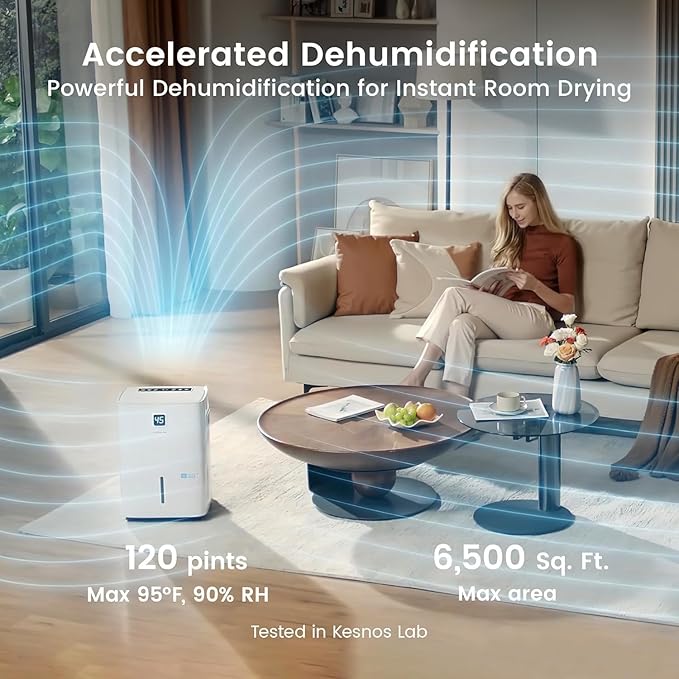 Kesnos 120 Pints Energy Star Dehumidifier for Basement & Home with Drain Hose, Front LED Display and 1.06 Gal Water Tank, Ideal for Large Room up to 6,500 Sq. Ft., Auto Defrost, Timer