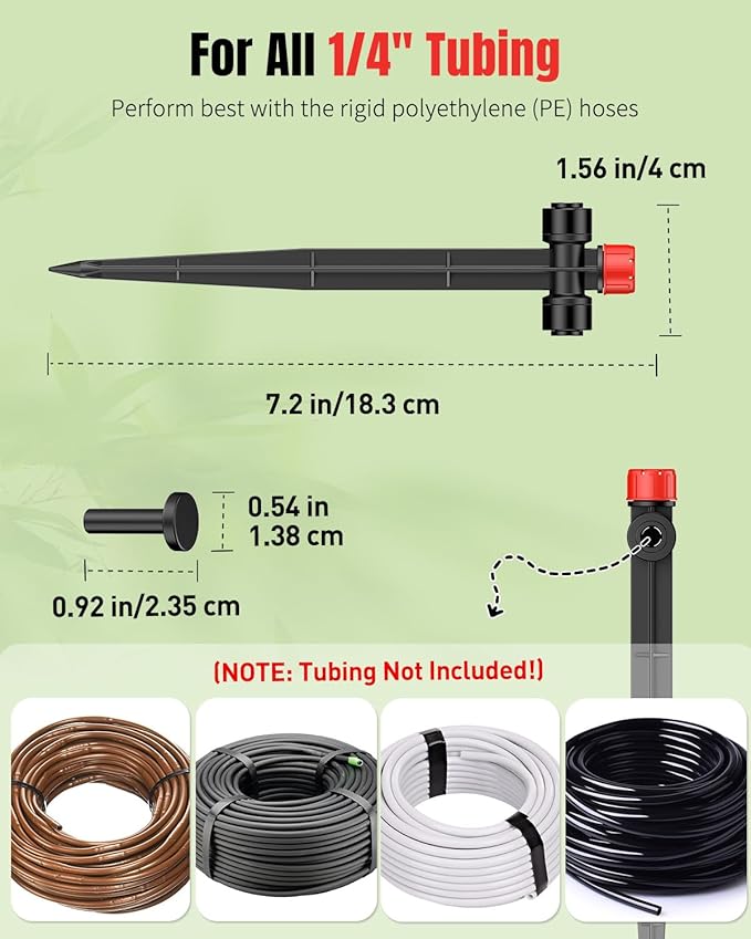 Pawfly 60 Pcs Push-to-Fit Drip Irrigation Emitters for 1/4 Inch Tubing with Stake & End Plugs, Two-Way Connection Irrigation Drippers, 8-Stream Sprinklers Drip Emitters with Adjustable Water Flow