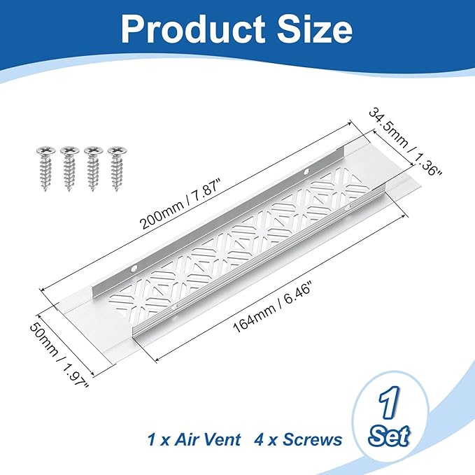 uxcell Aluminum Alloy Air Vents, 200 x 50mm / 7.9 x 2" Rectangle Louvered Ventilation Grille Cover with Mounting Screws for Door Cabinet Wardrobe, Silver