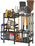 keomaisyto Garden Tool Organizer With Basket - 3 Tier Yard Storage Rack for Garage Organization, Heavy Duty Holder With 35 Long-Handled Slots for Shed, Yard, Garage