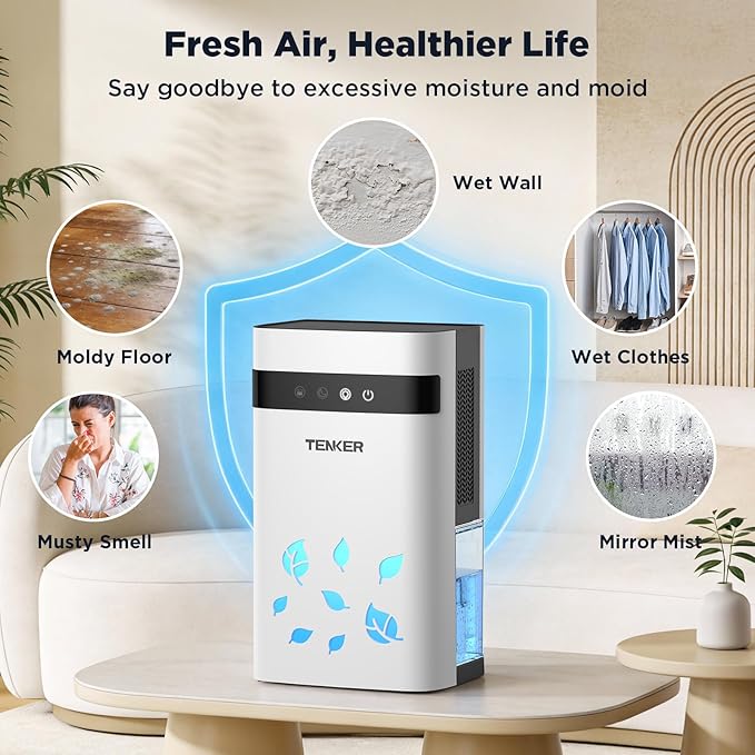 TENKER Dehumidifier for Home, 77oz Water Tank (1000 sq.ft) Dehumidifiers, Quiet Dehumidifier with Auto Shut Off, Sleep Mode, 7-Color LED Light for Closet Bedroom Bathroom RV, White