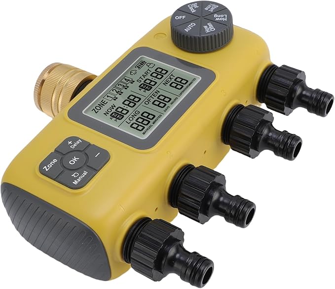 RiToEasysports Irrigation Timer, Intelligent Control, 4 Zone Watering Timer, Rain Delay, 3/4in Brass Inlet for Yard Lawn 40.1°F to 113°F