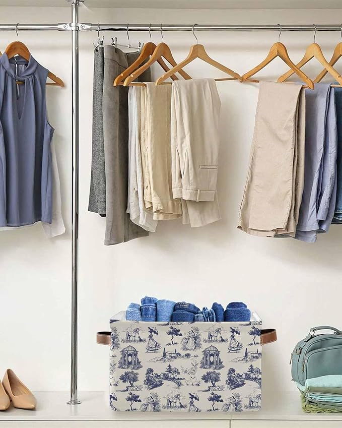 Farmhouse Country Storage Bins Cubes Waterproof Cloth Storage Basket, Vintage Blue French Garden Horse Swan Foldable Storage Bags for Shelf Closet Clothes Organizers with Handles 15x11x9.5 in 2PCS