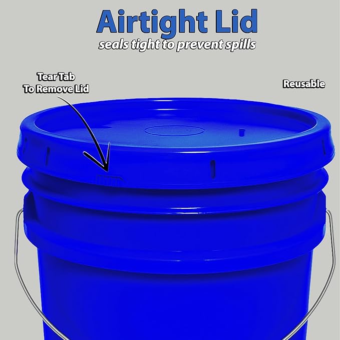 MKS Plastics 5-Gallon Bucket with Airtight Lid – Made in USA, Food Grade BPA Free Plastic, Heavy Duty Multi-Use, Metal Handle with Grip, Stackable Storage – Blue, 3 Pack