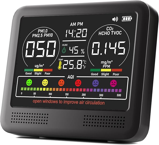 16-in-1 Indoor Air Quality Monitor with PM1.0,PM2.5,PM10,CO2,HCHO,TVOC,Temperature,Humidity,Time Display &7 AQI Alarms – Professional Air Quality Tester for Home, Office & Indoor Use (Shinning Black)