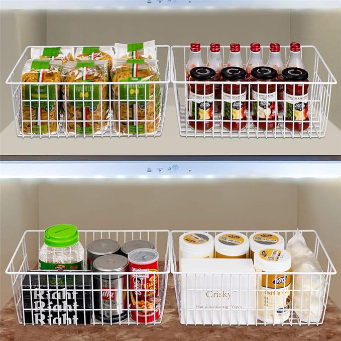 SANNO 15.7" Freezer Wire Baskets Refrigerator 4 Freezer Baskets Wire Metal Storage Basket, Modern Farmhouse Storage Organizer for Pantry, Shelf, Kitchen, Cabinet, Bathroom 15.7"x7.9"x5.9"
