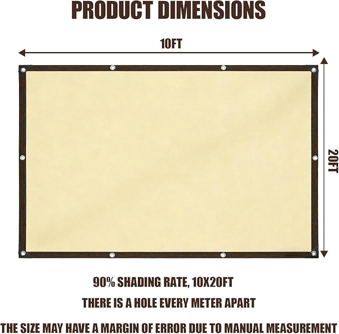 90% Sun Shade Cloth for Garden, 10 * 20FT Heavy Duty Shade Tarp with Grommets & Reinforced Edges - UV Resistant Sunblock Net for Patio, Backyard, Greenhouse, Kennel, Pergola, Yellow