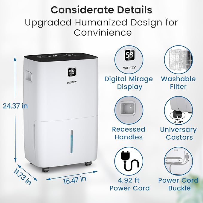 Yaufey 150 Pints Dehumidifier with Pump for Home, Basement and Large Room up to 7000 Sq. Ft., With Drain Hose, Timer, Intelligent Humidity Control and Large Water Tank