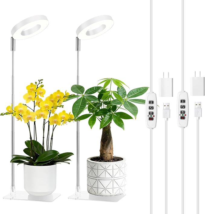 3.54" White Grow Light, Full Spectrum Plant Lights for Indoor Growing with 3/9/12H Timer, 3 Color Modes, 10 Brightness, 6.6"-24.8" Height Adjustable, Small Halo Grow Light with Base, 2 Pack
