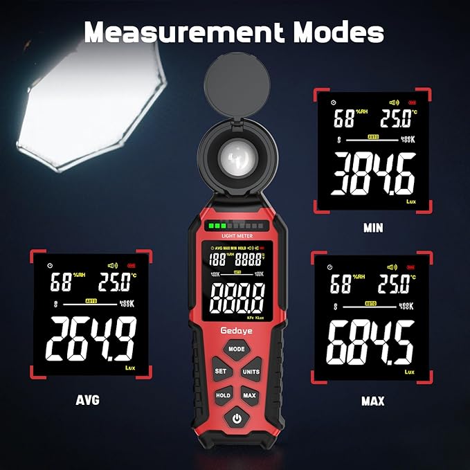 Light Meter Lux Foot Candles Meter 0~400,000 Lux Range, Large Backlit Display, Light Meter for Plants Luxmeter Light Meter Digital Illuminance Meter Handheld