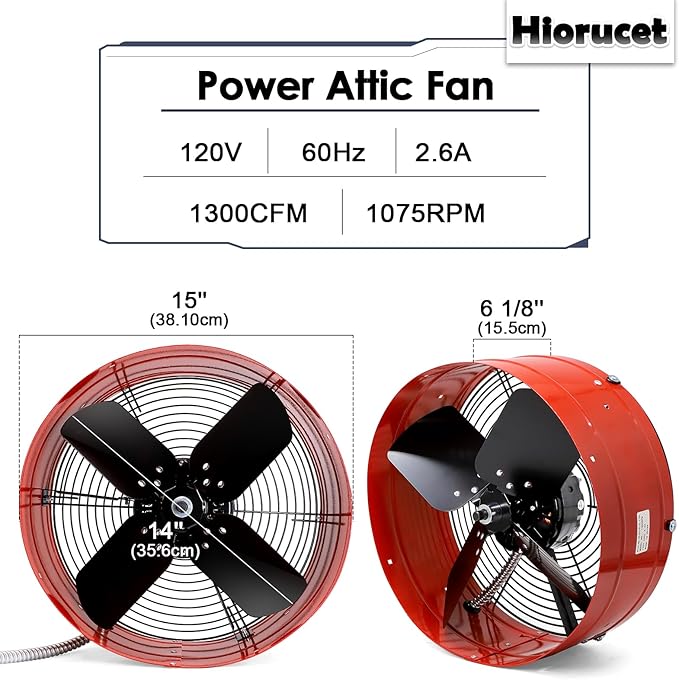 Hiorucet Upgraded 15 Inch Gable Vent Fan, 1300CFM 1850 SQF Low Noise Attic Exhaust Fan with Adjustable Thermostat, 14 Inch Blade and Permanently Lubricated Motor, 1075RPM Gable Mount Fan, Red