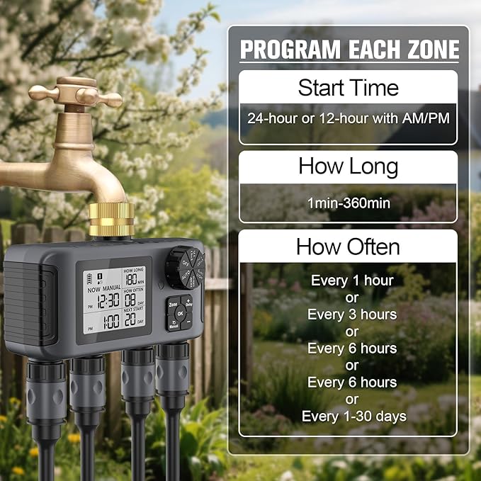 4 Separate Zone Garden Irrigation Timer Brass Inlet Intelligent Controller Automatic Manual Rain Delay Watering Systems Rain Delay Irrigation