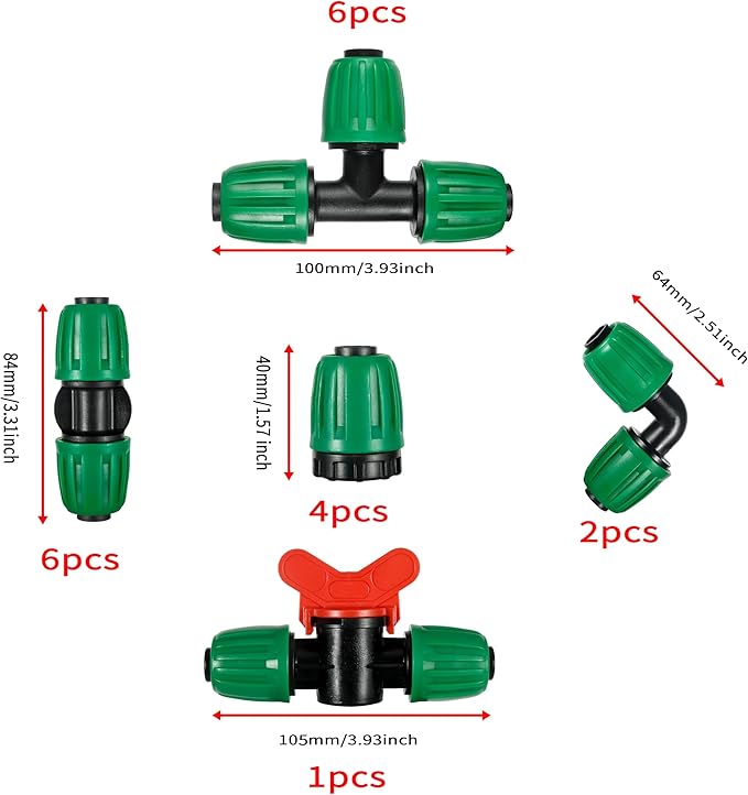 19 Pcs 1/2 Inch Drip Irrigation Fittings Kit (1/2" ID x0.6-0.63" OD) 1/2" Irrigation Tubing Connectors Barbed Locked Nuts Connectors Including 6 Tees, 6 Couplings, 4 Ends 2 Elbows,1 Switch Valves