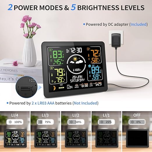 Weather Stations Wireless Indoor Outdoor Thermometer with Multiple Sensors, 7.5" VA Display Weather Forecast Station with Atomic Clock, Temperature, Humidity and Adjustable Backlight for Home