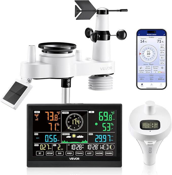 VEVOR 7-in-1 Wi-Fi Weather Station with APP, 7.5 in Display, Wireless Solar Powered Outdoor Sensor, with Pool Thermometer, Rain Gauge, Indoor Outdoor for Weather Forecast, Wind Speed, Pool Temperature