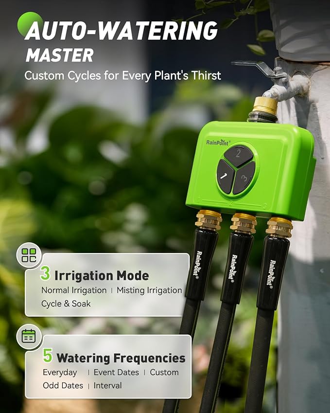 RAINPOINT 3-Zone WiFi Add-On Water Timer (Gateway Not Included), Brass Inlet/Outlet WiFi Hose Timer, Expands Smart Irrigation System, Works with RAINPOINT Home APP Series Gateway, Smart Watering