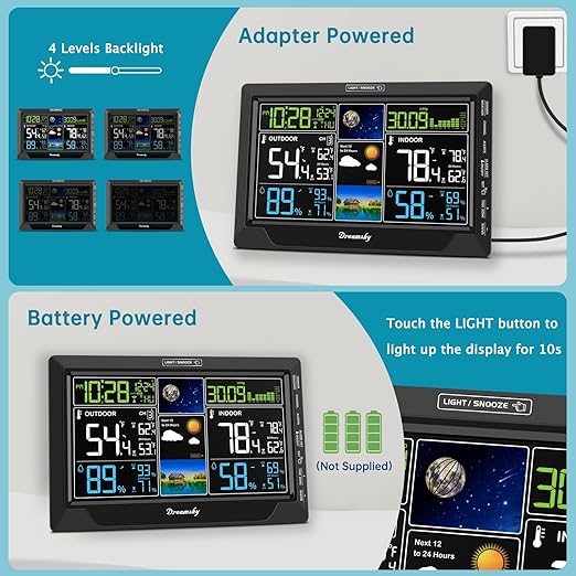 DreamSky Weather Station Indoor Outdoor Thermometer Wireless with Digital Atomic Clock for Home, Large Display with Dimmer, USB Port, Inside Outside Temperature Humidity Monitor (Plug-in)