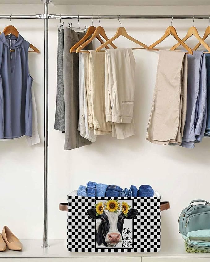 Farmhouse Cows Storage Bins Cubes Waterproof Cloth Storage Basket, Sunflower Daisy White Black Plaid Foldable Storage Bags for Shelf Closet Clothes Organizers with Handles 15x11x9.5 in 2PCS