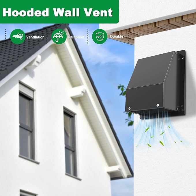 8 Inch Hooded Wall Vent with Screen and Damper, Galvanized Steel Exhaust Wall Vent, Outdoor Wall Vent Cap for Residential Housing Kitchen Rangeand Outside HVAC Duct Air Exhaust