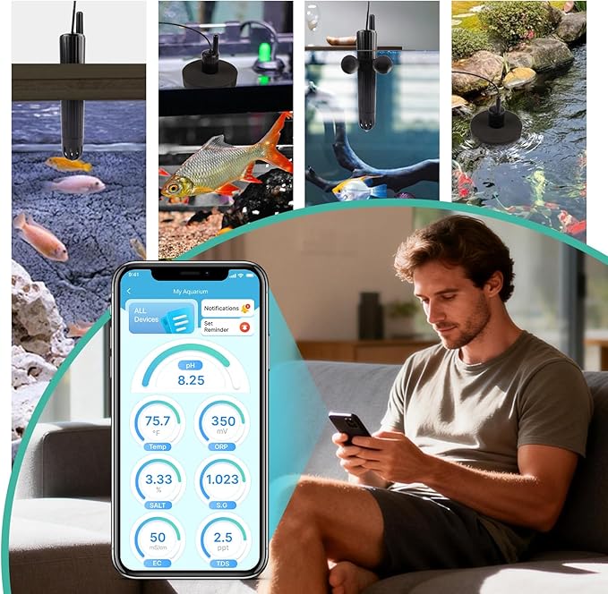 kactoily Long-Range WiFi Aquarium Water Quality Monitor – 7 Parameter Digital Aquarium Water Tester for pH ORP EC TDS Salinity SG Temp, Freshwater & Saltwater Tanks