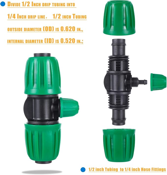10 Pcs 1/2 to 1/4 inch Garden Hose Tubing Irrigation Fittings,3-Way Anti-Leak 1/2'' to 1/4'' Locked Barbed Drip Irrigation Tee Connectors (1/2"IDx0.6-0.63"OD) 1/2'' to 1/4'' Irrigation Tubing Fitting