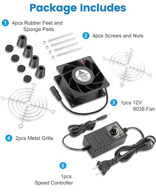 GDSTIME 80mm x 38mm Small Computer Fan with AC Plug, 120V 110V AC Powered Variable Speed Controller for DIY Cooling Ventilation Exhaust Projects