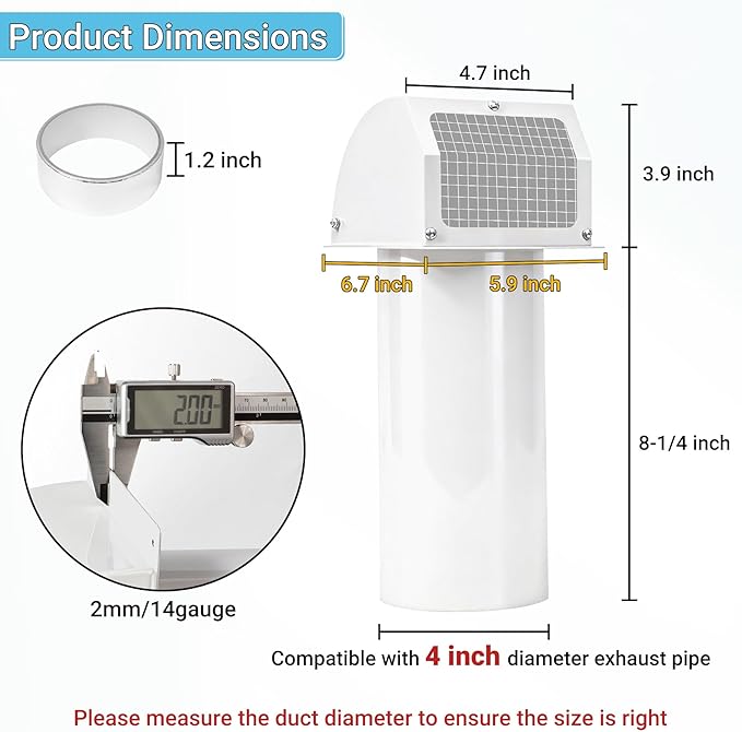 Neoaider 4 Inch Dryer Vent with Screen and Damper, 14GA/2MM Thick Heavy-Duty Steel Dryer Vent Cover, Dryer Vent Cover Outside for Dryer Ventilation and Outdoor Air Exhaust, White