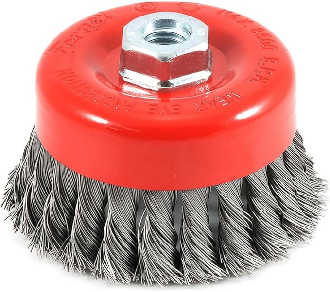 Forney, 72753, 4-Inch Knotted Wire Cup Brush – 5/8-11 Threaded Arbor – .020-Inch Carbon Steel – Heavy Duty Twist Knot Brush for 4-1/2" and 5" Angle Grinders