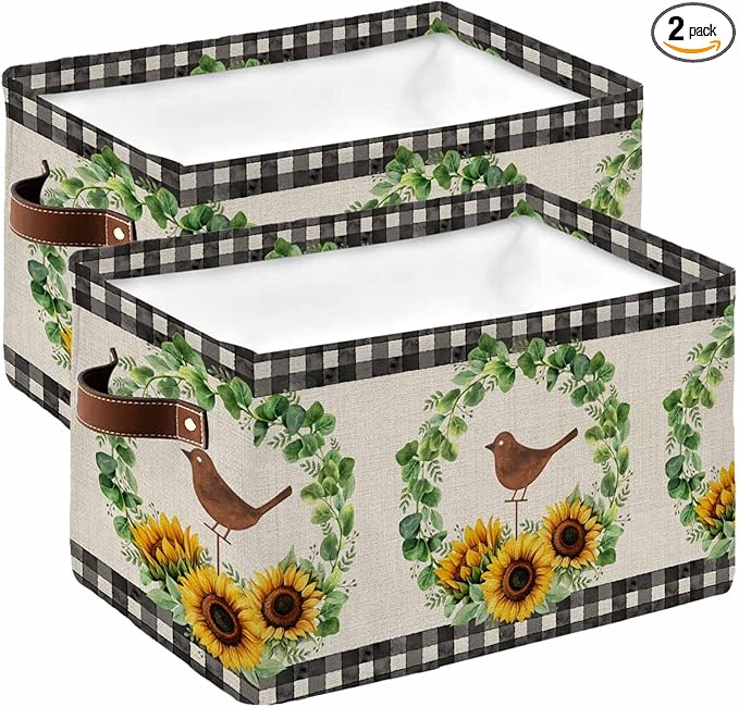 Spring Eucalyptus Sunflower Storage Bins Cubes Waterproof Cloth Storage Basket,Farmhouse Birds Rustic Burlap Foldable Storage Bags for Shelf Clothes Storages Organizers with Handles 15x11x9.5 in 2PCS
